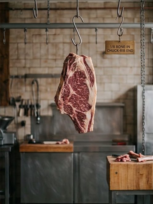 A bone-in chuck-rib eighth share hanging on a hook in the butcher's shop, tagged 1/8 bone-in chuck-rib end
