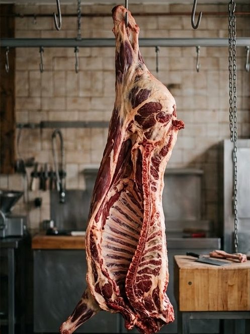 A half side of beef hanging on a hook in the butcher's shop