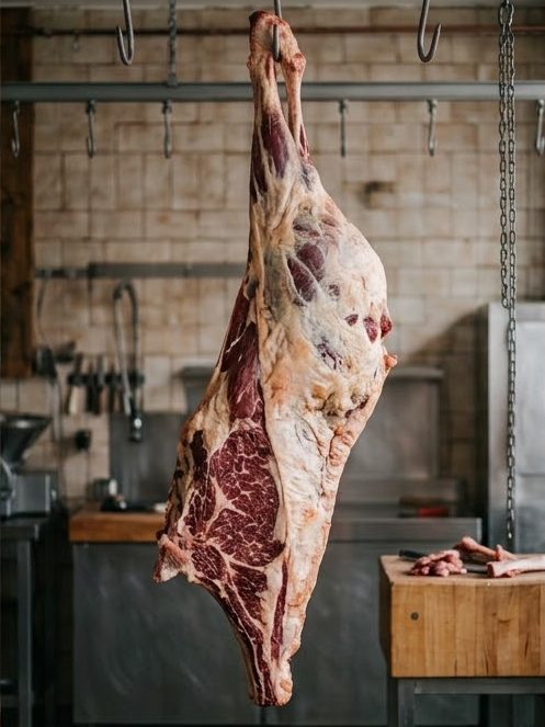 A quarter of beef hanging on a hook in the butcher's shop