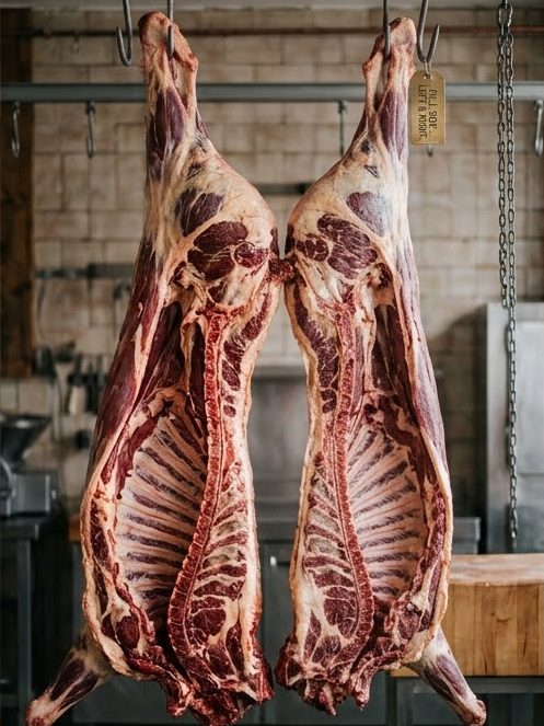 Both sides of a whole beef hanging side by side in the butcher's shop, tagged full side left and right